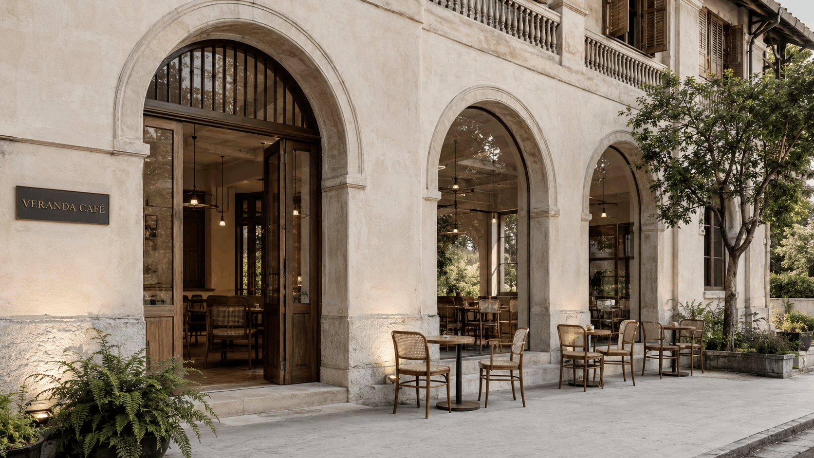 Heritage arched café storefront reading VERANDA CAFÉ with outdoor cane seating beneath a covered colonnade